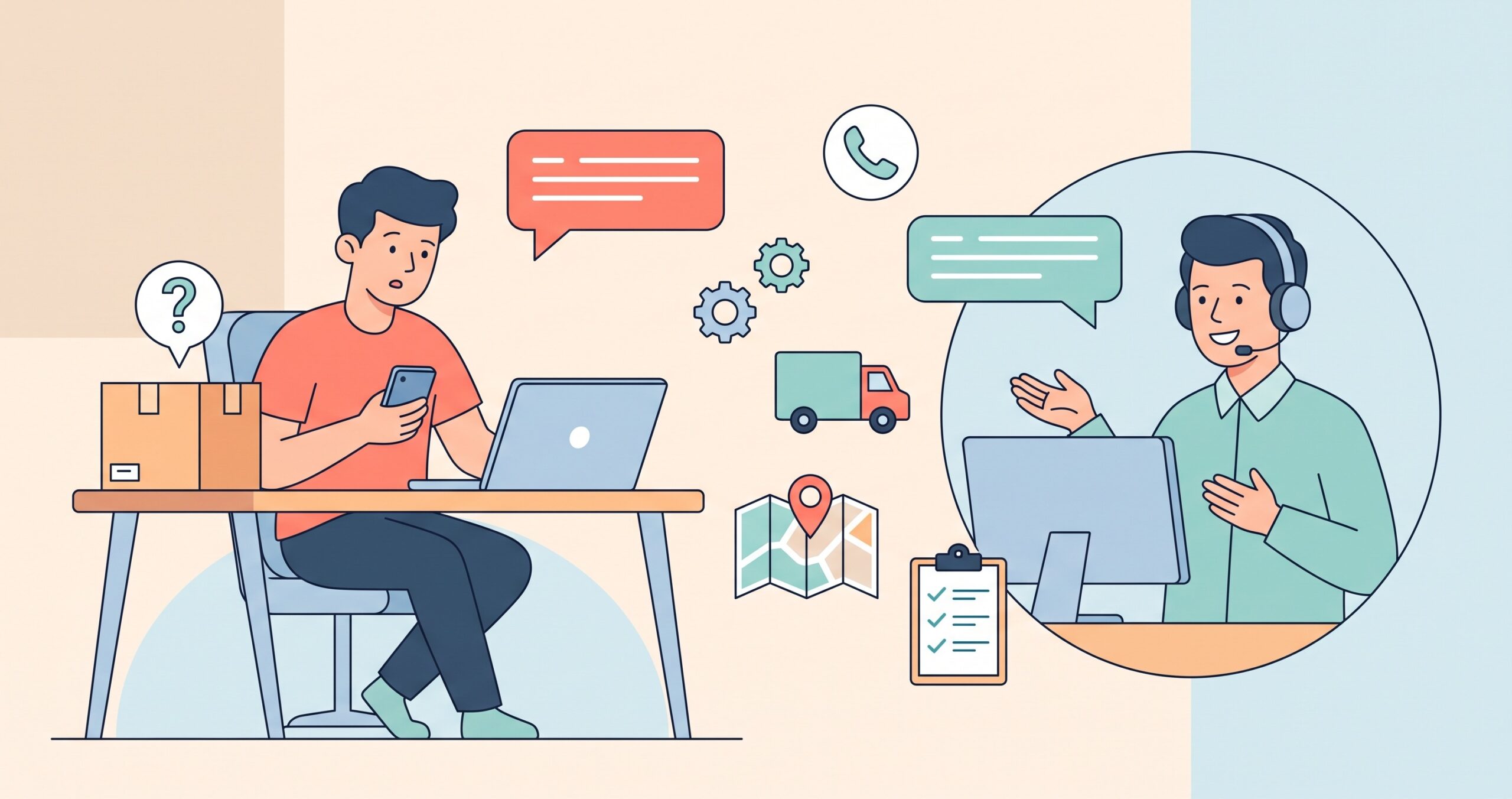 Ilustração flat de homem no computador e celular falando com o atendimento de entregas, com ícones de suporte