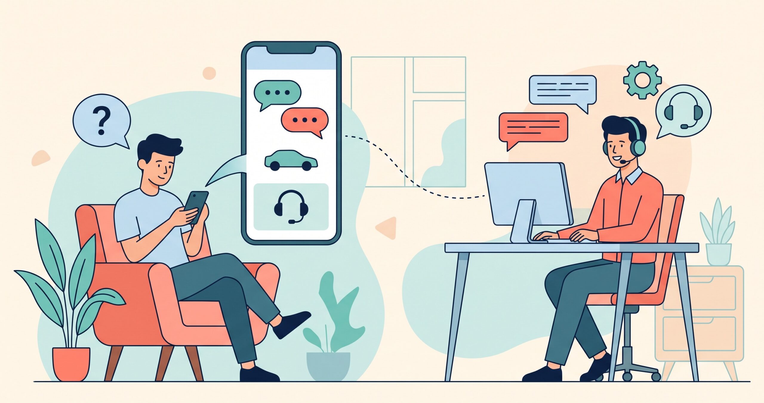 Ilustração de um jovem no celular resolvendo dúvidas com o suporte online de um aplicativo de transporte